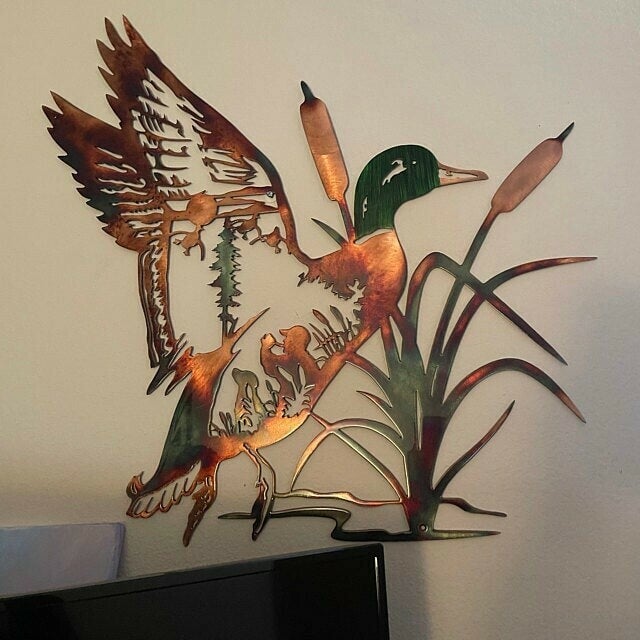 Solo Mallard Hunting & Trout Fishing Scene Metal Wall Art