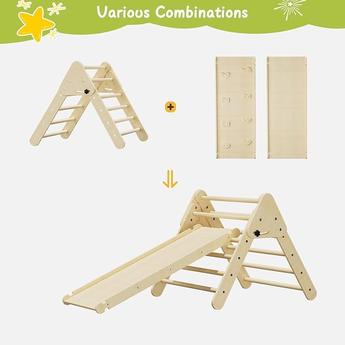 Foldable Triangle Climbing Frame with Ramp 2 in 1 Wooden Climbing Triangle Set with Ladder and Slide Montessori Climbing Toys