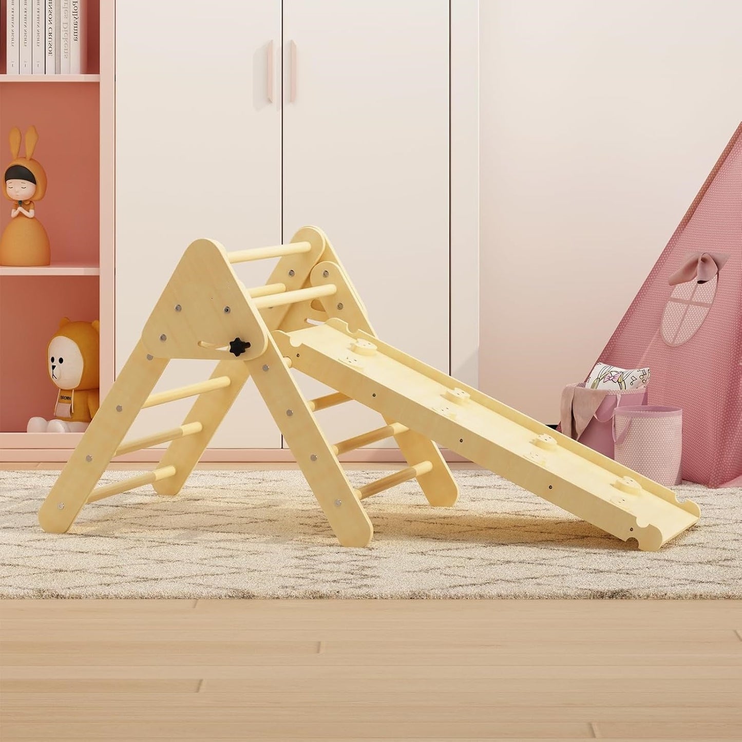 Foldable Triangle Climbing Frame with Ramp 2 in 1 Wooden Climbing Triangle Set with Ladder and Slide Montessori Climbing Toys