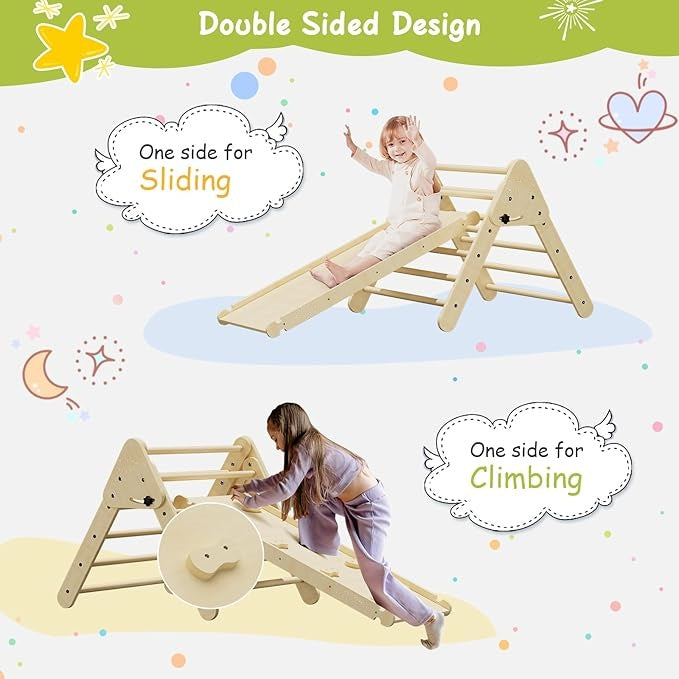 Foldable Triangle Climbing Frame with Ramp 2 in 1 Wooden Climbing Triangle Set with Ladder and Slide Montessori Climbing Toys