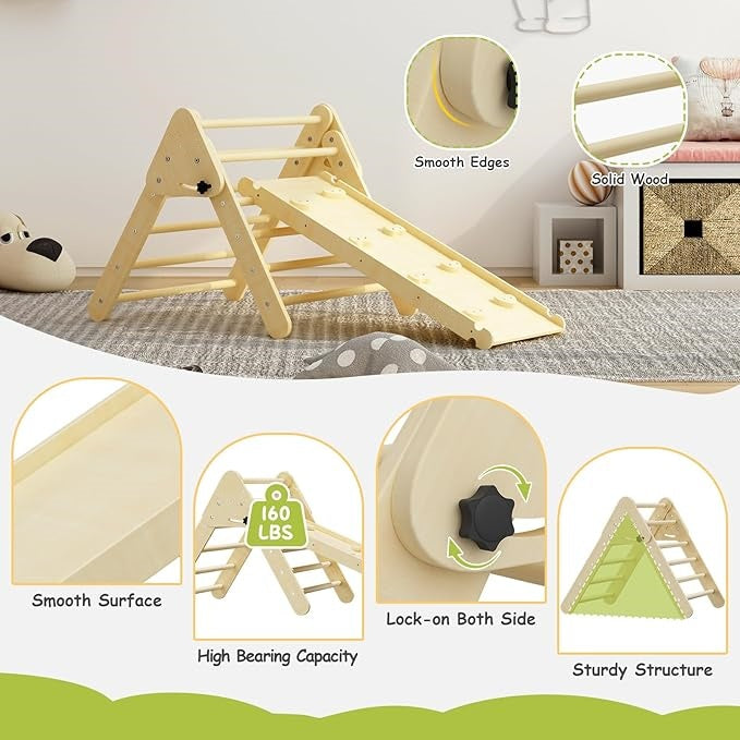 Foldable Triangle Climbing Frame with Ramp 2 in 1 Wooden Climbing Triangle Set with Ladder and Slide Montessori Climbing Toys