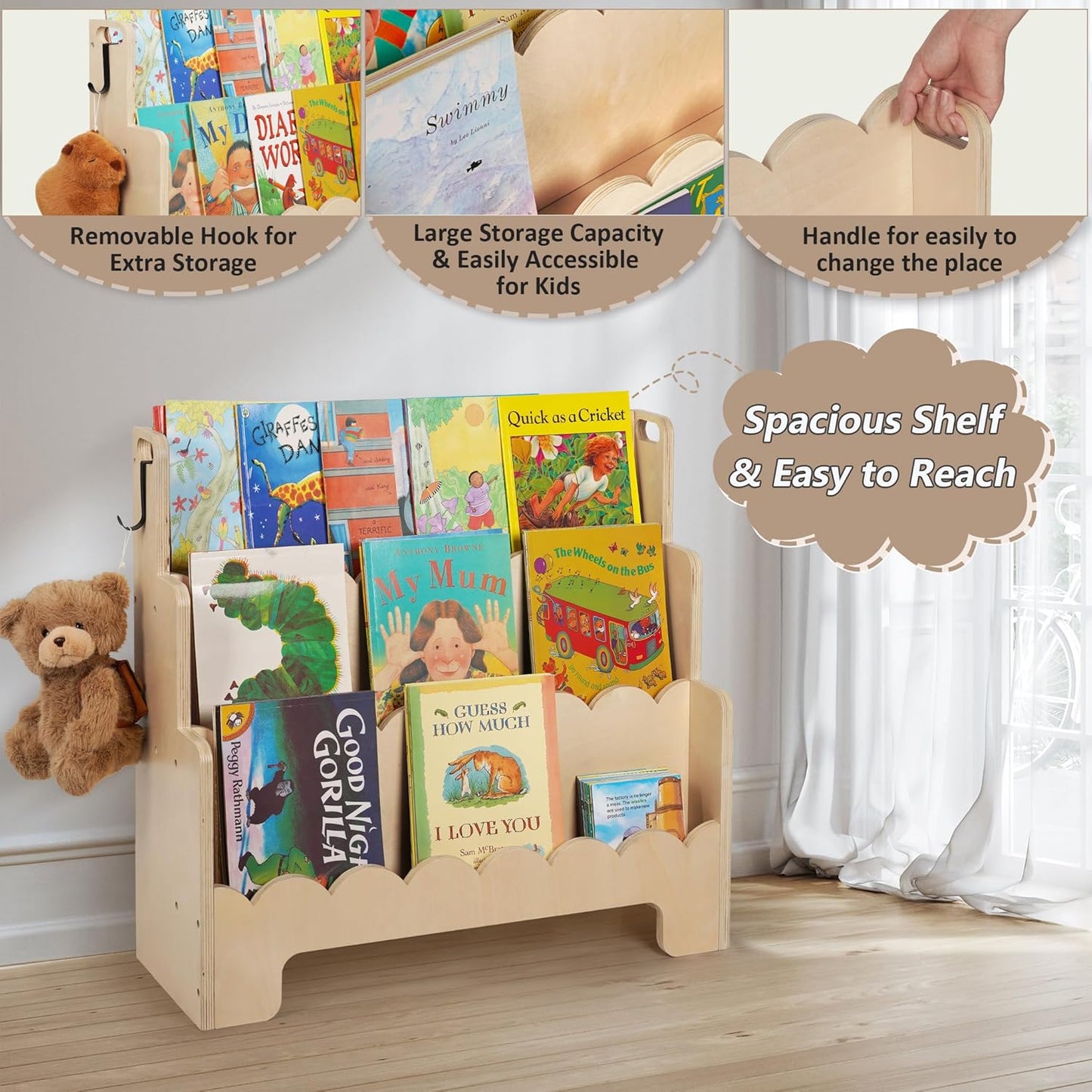 Children's wooden 3-tier fan-shaped bookshelf