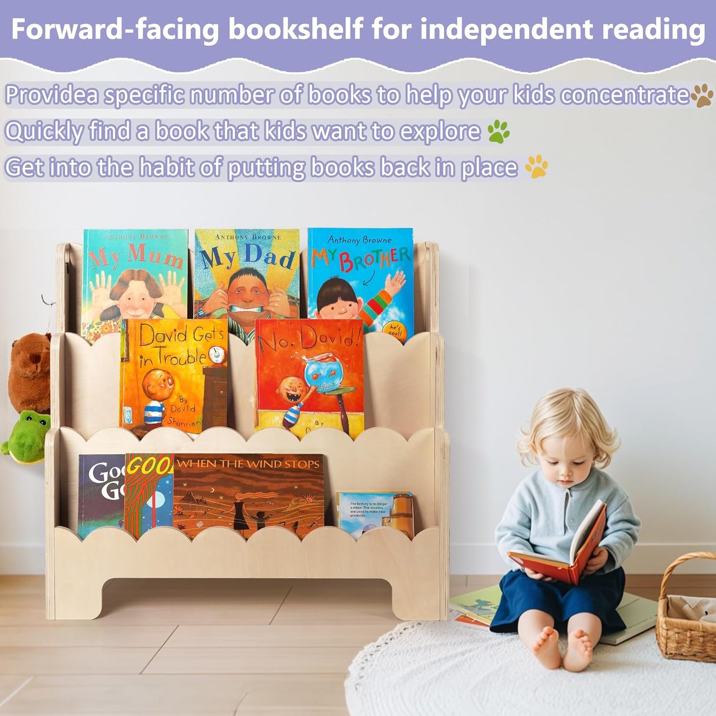 Children's wooden 3-tier fan-shaped bookshelf