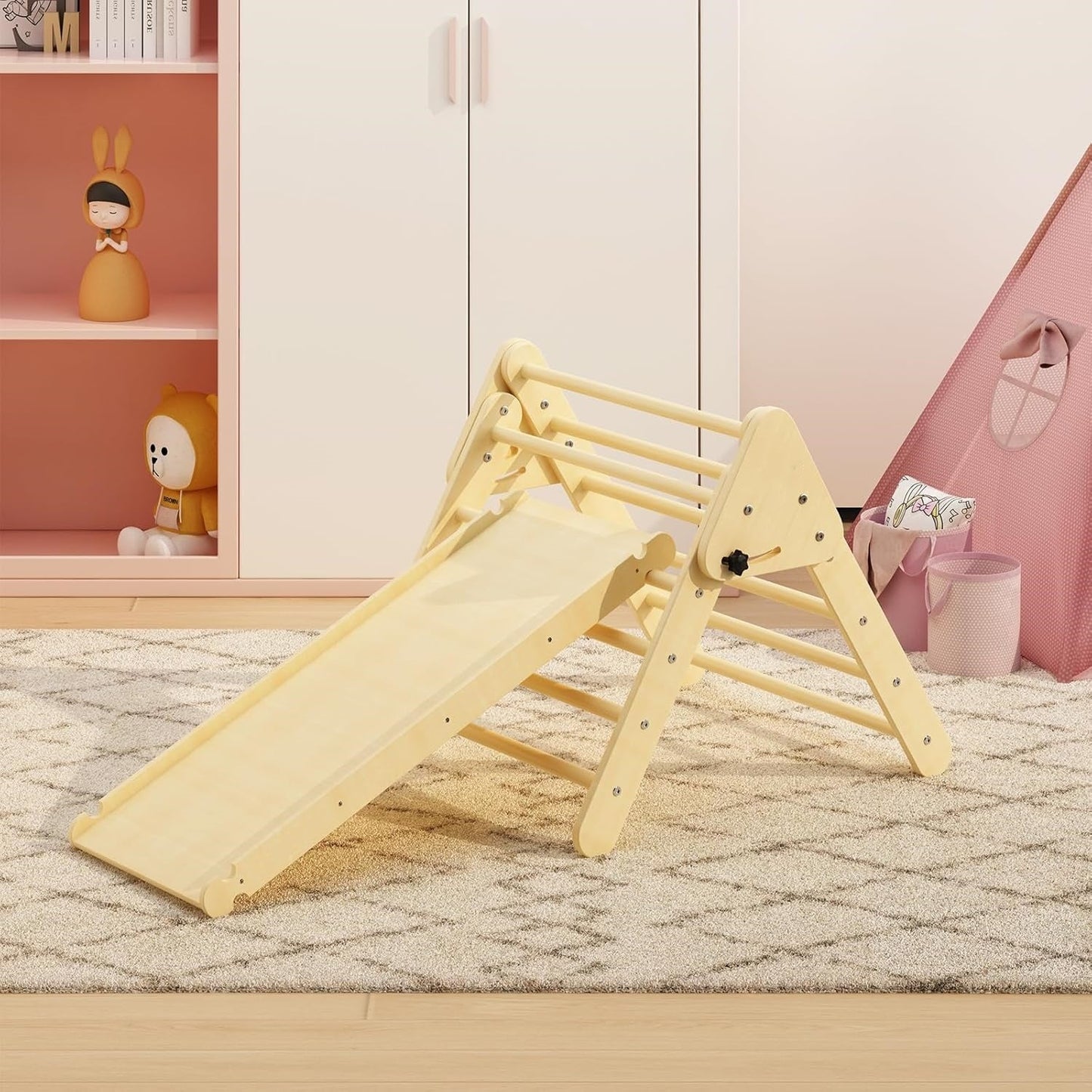 Foldable Triangle Climbing Frame with Ramp 2 in 1 Wooden Climbing Triangle Set with Ladder and Slide Montessori Climbing Toys