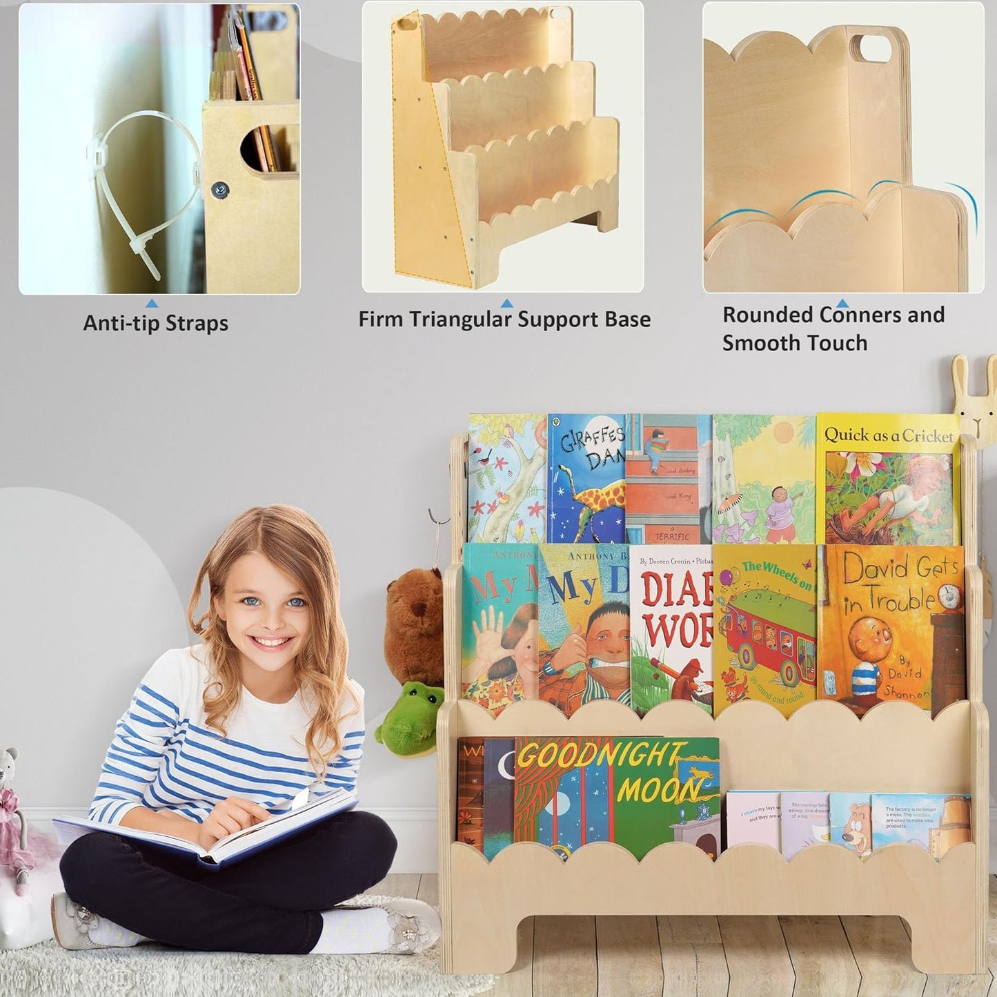 Children's wooden 3-tier fan-shaped bookshelf